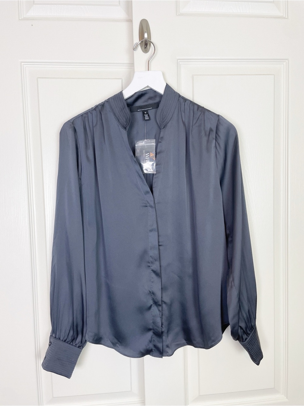 White House Black Market WHBM Slate Gray Satin Trapunto Stitch Blouse NWT Sz M